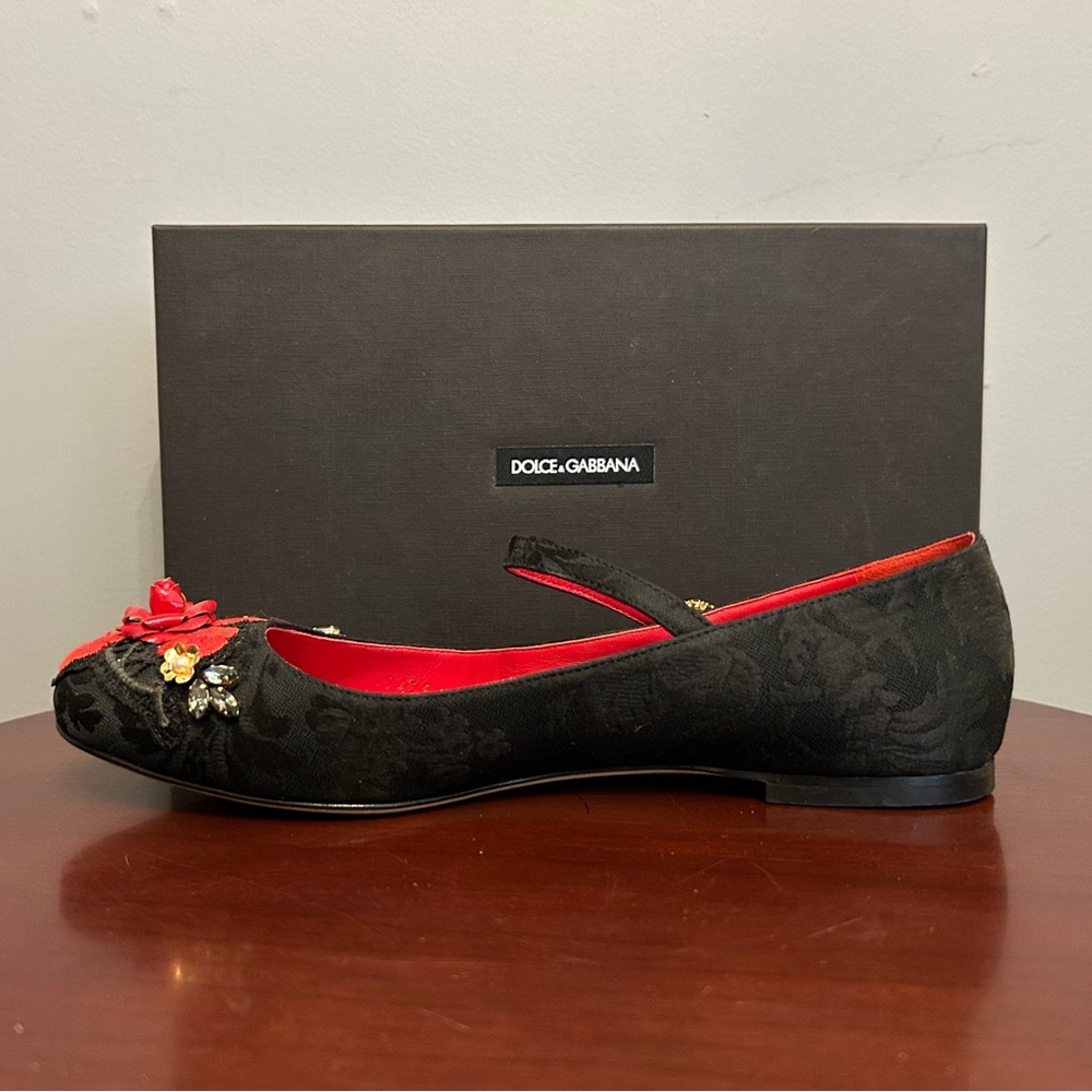 Dolce & Gabbana Black Brocade Embellished Mary Jane Ballerina Flats, size EU38.5 - Picture 5 of 16